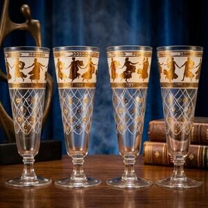 Set of 4 Vintage Aldon Greek Goddess Gold Atomic Barware Pilsner Glasses | MCM